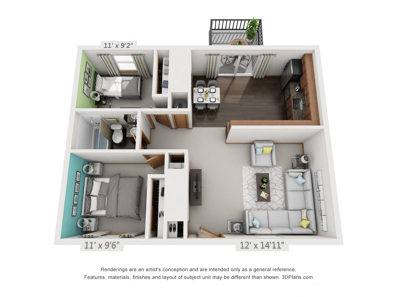 Floor plan for 2 beds, 1 bath, 725 sqft